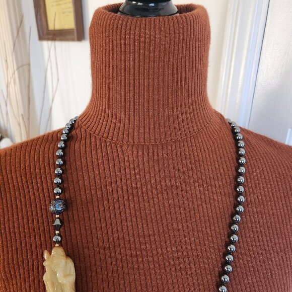 Vintage Hematite, Cloisonné Beaded Necklace with Jade Figurine 33” - Picture 5 of 7